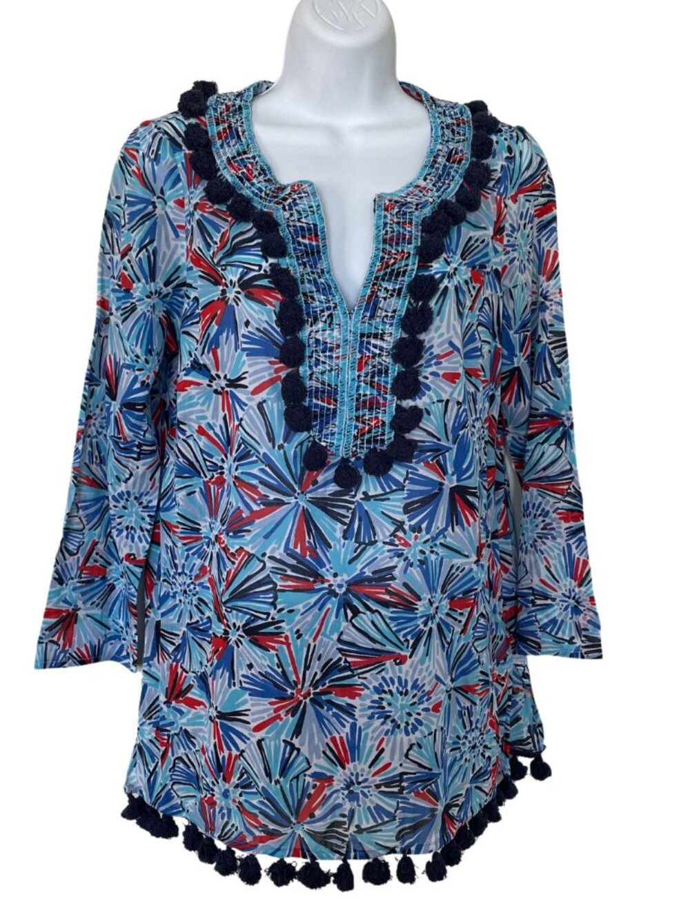 Sail to Sable STS Fireworks Tunic Blouse Sz S Cotton Blue Boho Coastal